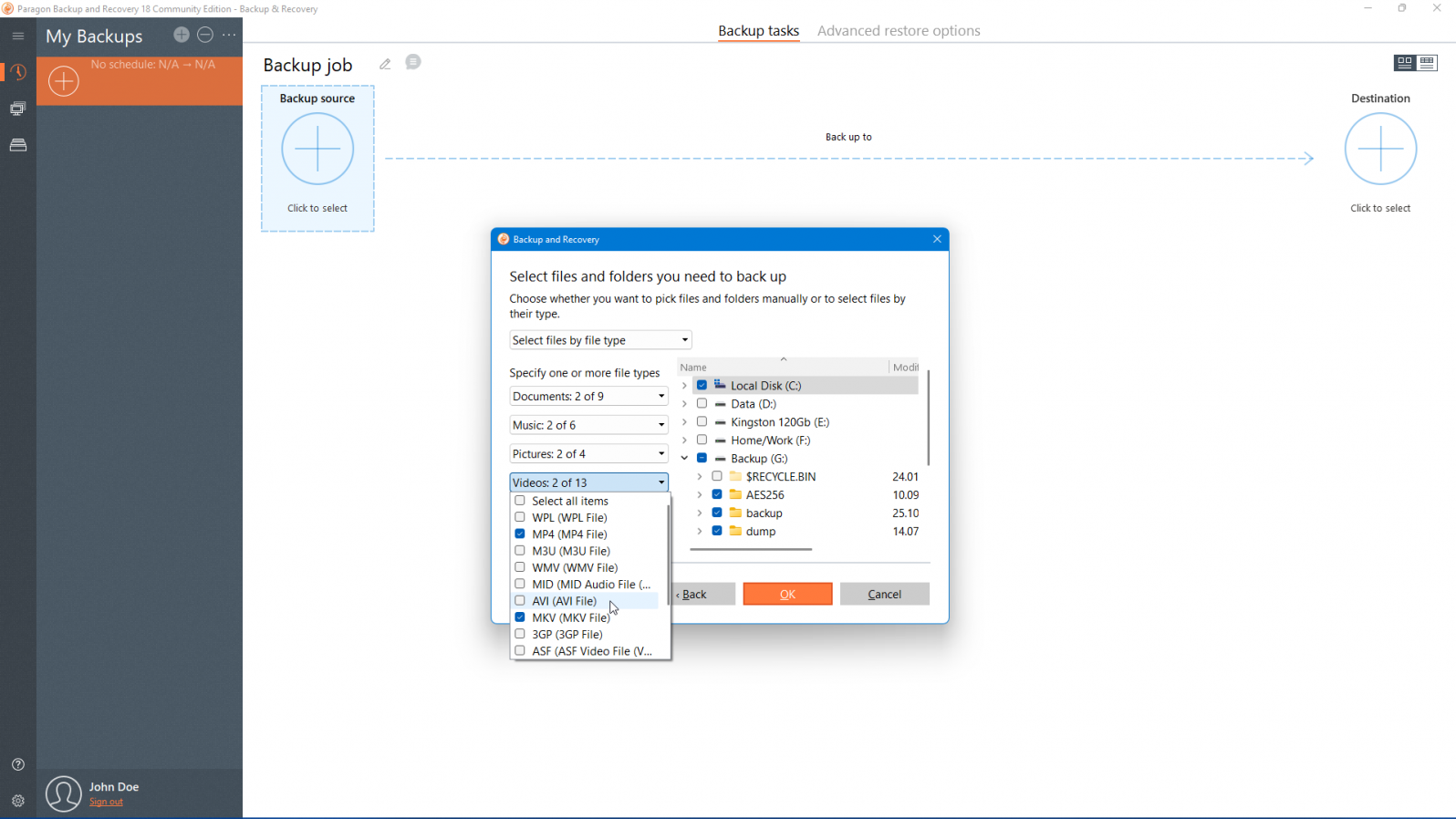 choose backup types