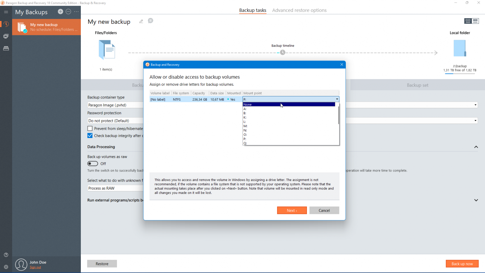 Access to backup volumes